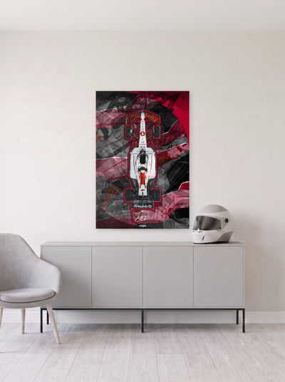 Poster del Red Bull de Max Verstappen perfilado en rojo sobre fondo de formas superpuestas, colgado en la pared clara de un salon, sobre un aparador gris con un casco de competicion al lado, decoracion racing de MOA-Grafics.