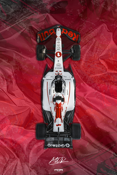 Póster del F1 de Max Verstappen en vista cenital sobre fondo rojo abstracto, un diseño de arte JDM y racing para decoración de MOA-Grafics.