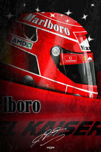 Póster del casco de Michael Schumacher en su F1 desde el cockpit, una pieza de arte retro racing para la decoración de MOA-Grafics.