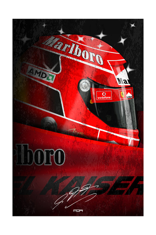 Póster del casco de Michael Schumacher en su F1 desde el cockpit, una pieza de arte retro racing para la decoración de MOA-Grafics.