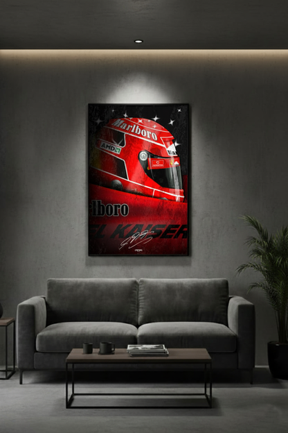 Póster enmarcado del casco de Michael Schumacher en pared de cemento, una pieza de decoración racing para un salón moderno de MOA-Grafics.