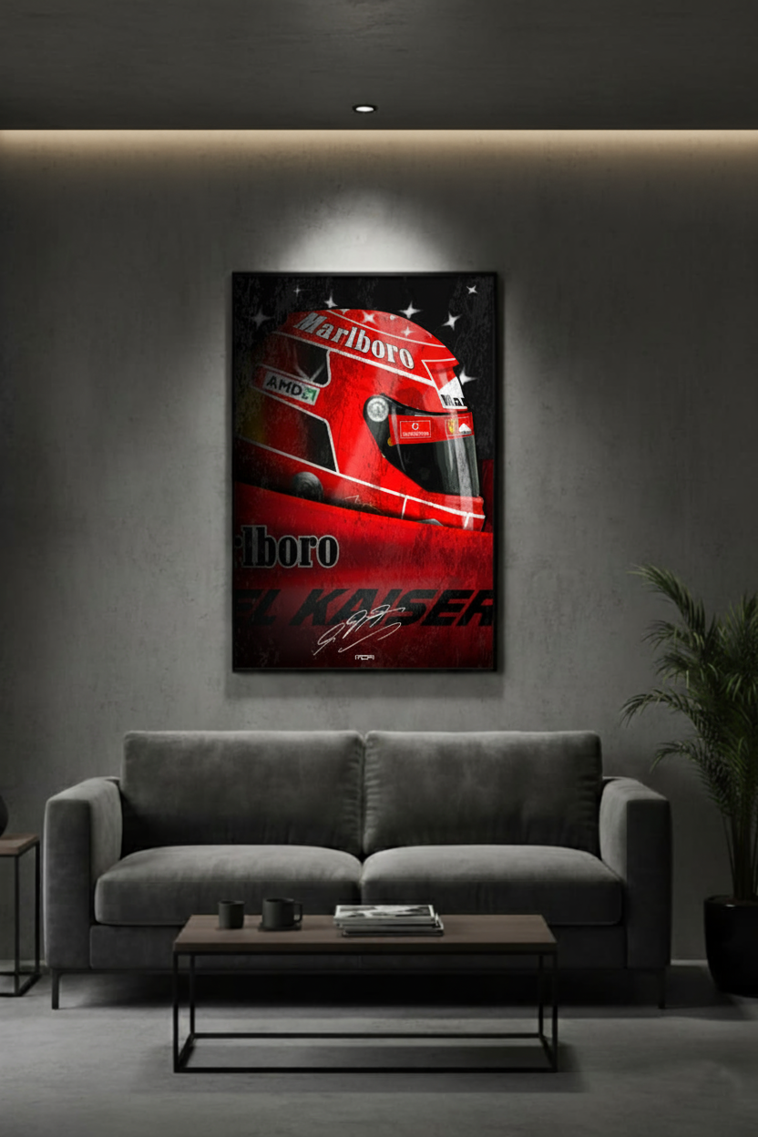 Póster enmarcado del casco de Michael Schumacher en pared de cemento, una pieza de decoración racing para un salón moderno de MOA-Grafics.