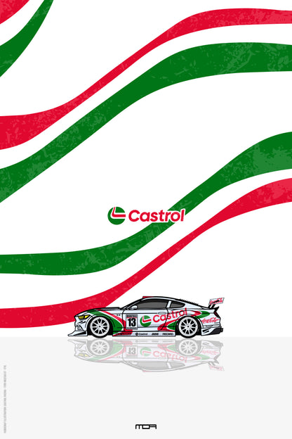Póster de pared del Ford Mustang con el livery de Castrol, un diseño de estilo retro para personalización y decoración de MOA-Grafics.