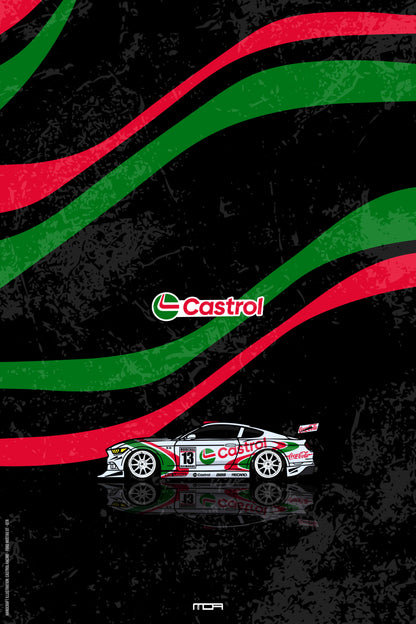 Póster de pared con el Ford Mustang y livery Castrol sobre fondo negro, un diseño de estilo retro racing para personalización de MOA-Grafics.