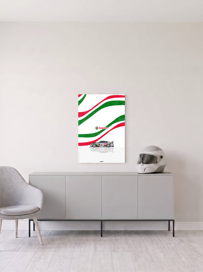 Poster del Ford Mustang con librea Castrol sobre fondo blanco, en medida 46,7 x 70 cm, colgado en la pared clara de un salon, sobre un aparador gris con un casco de competicion al lado, decoracion racing de MOA-Grafics.