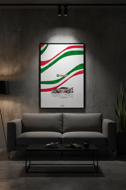 Póster enmarcado del Ford Mustang Castrol en una pared de cemento, una pieza de decoración racing para un salón de MOA-Grafics.