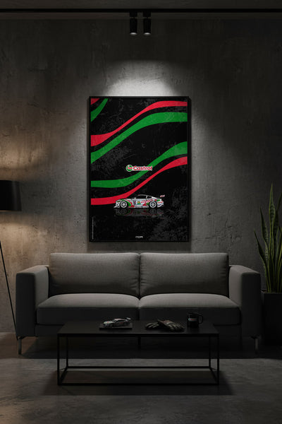 Póster enmarcado del Ford Mustang Castrol en una pared oscura, una pieza decorativa de estilo racing para un salón por MOA-Grafics.
