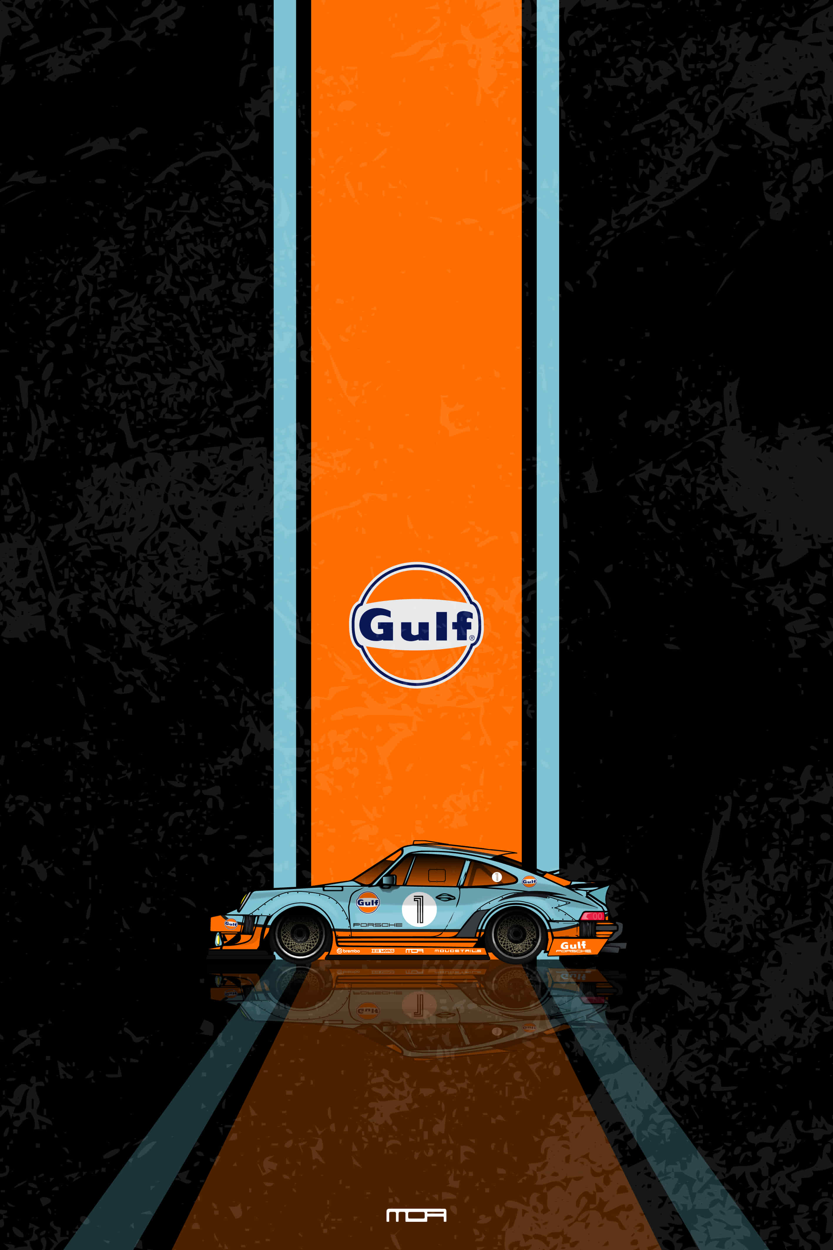Póster de pared con el Porsche 911 y livery Gulf Racing sobre fondo negro, un diseño de estilo retro racing para personalización de MOA-Grafics.