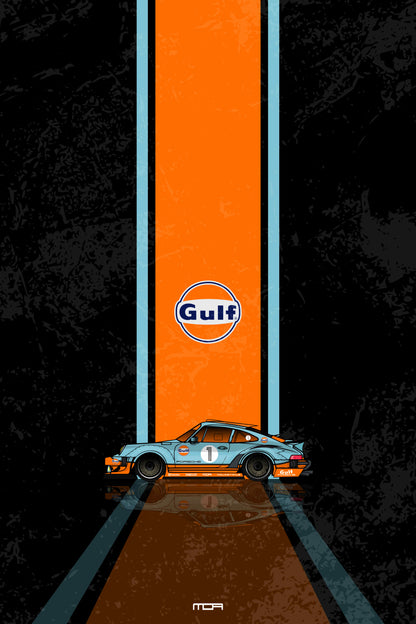 Póster de pared con el Porsche 911 y livery Gulf Racing sobre fondo negro, un diseño de estilo retro racing para personalización de MOA-Grafics.