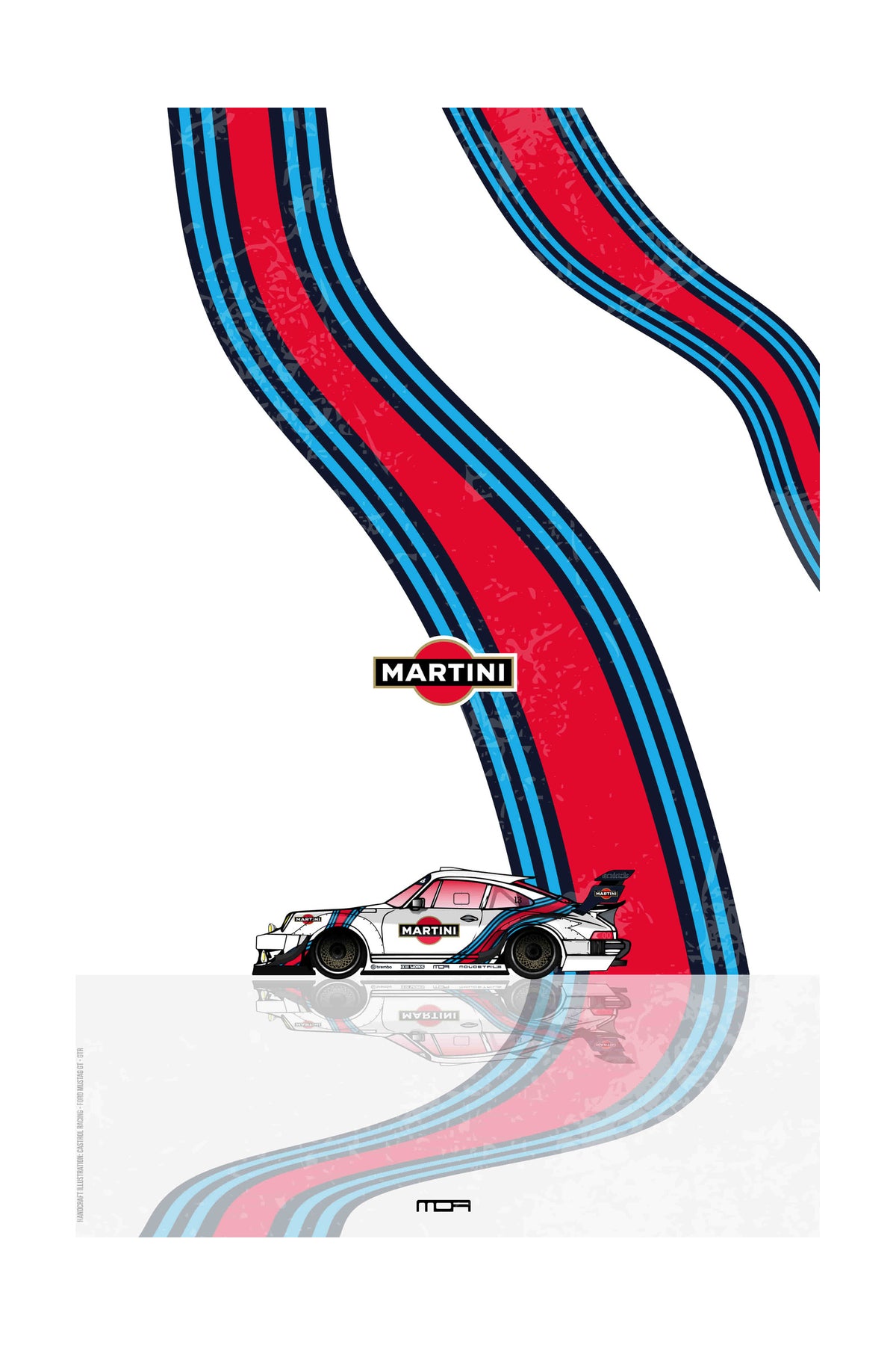 Póster de pared del Porsche 911 con el livery de Martini Racing, un diseño de estilo retro para personalización y decoración de MOA-Grafics.