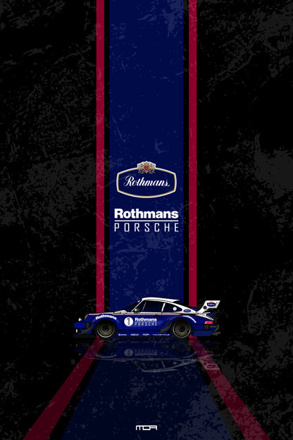 Póster de pared con el Porsche 911 Rothmans sobre fondo negro, un diseño de estilo retro racing para personalización de MOA-Grafics.