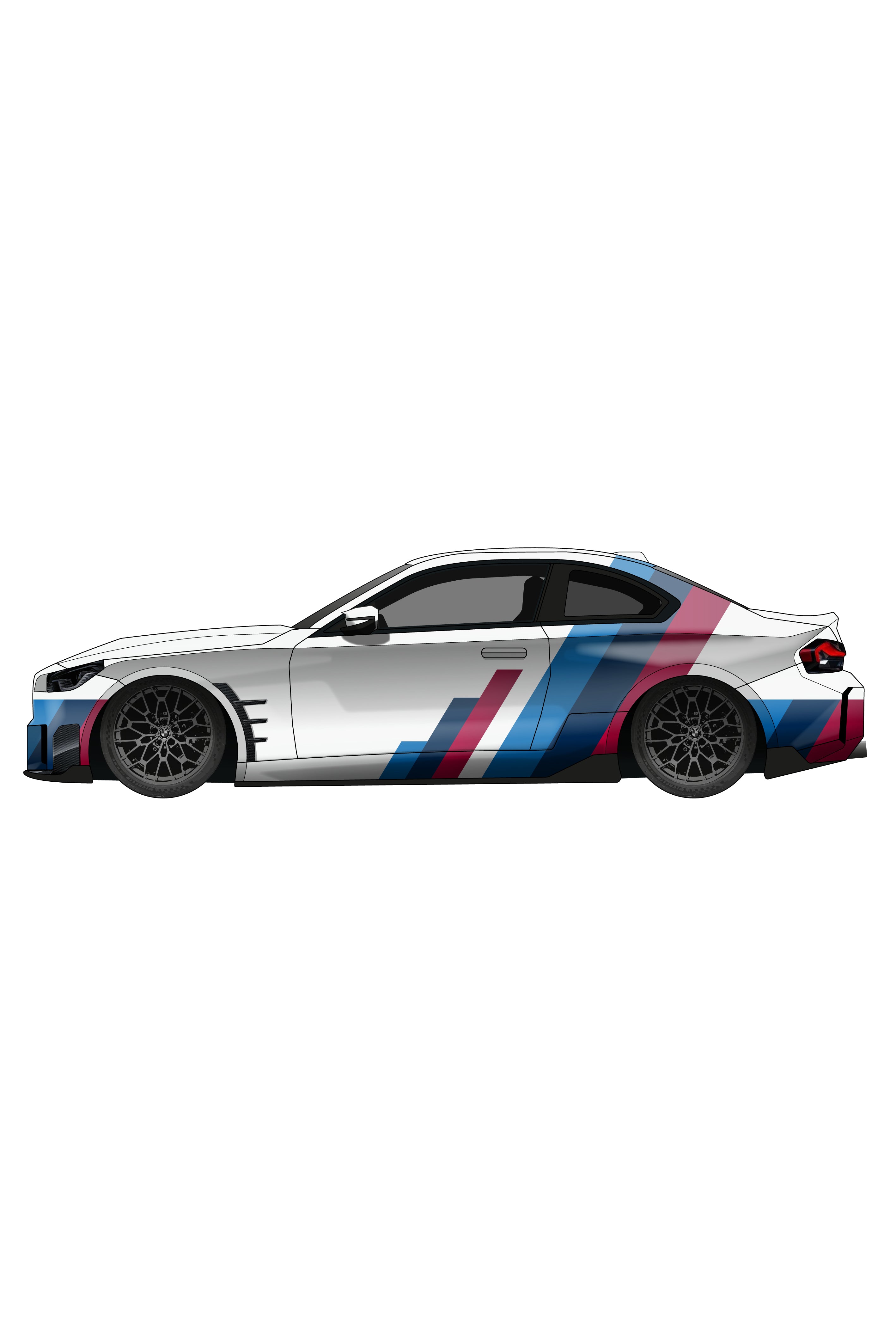 Render digital de la aplicación del Kit de Vinilo Lateral BMW Dynamic Gradient. Esta imagen estilizada ayuda a los clientes a previsualizar el vinilo con efecto degradado en el lateral de su vehículo antes de la compra.