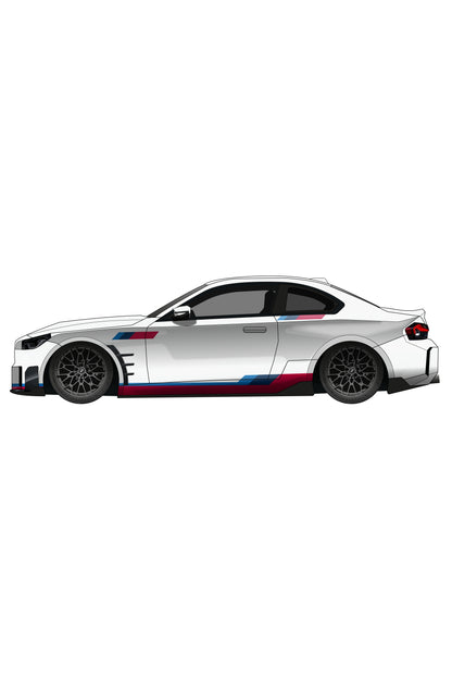 Render digital del Kit de Vinilo Líneas Dinámicas BMW aplicado en el coche. Esta ilustración estilizada es ideal para simular el efecto de las franjas laterales antes de comprar e instalar el vinilo adhesivo.