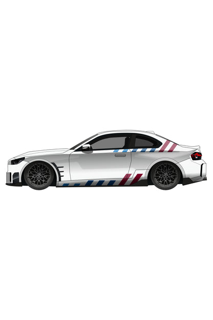 Render digital de la aplicación del Kit de Vinilo Franjas BMW Performance Stripes en el lateral del vehículo. Esta simulación visual ayuda a los clientes a imaginar el look M en su coche antes de comprar el vinilo adhesivo.