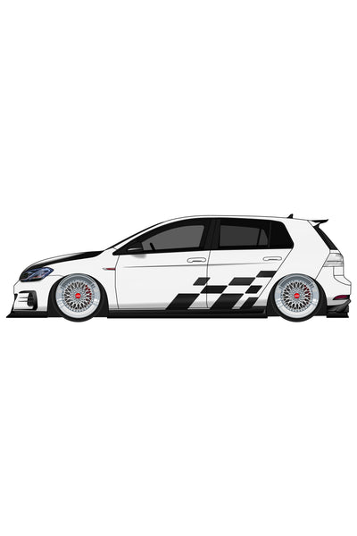 Render digital del kit de vinilo Bandera de Cuadros aplicado en un coche. Ilustración estilizada de la librea de competición clásica.