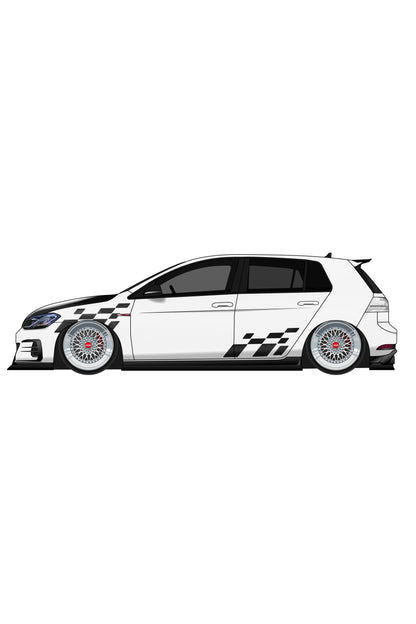 Render digital del kit de vinilo Checker Flag Doble Racing aplicado en un coche deportivo. Ilustración estilizada con doble franja de cuadros de carrera.