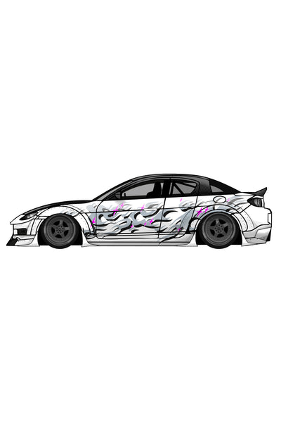 Render de diseño de vinilo Japan Grey Flames aplicado en lateral de coche. Ilustración digital que resalta la sutileza del color gris.