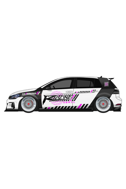 Render digital del kit de vinilo Japan Racing Widebody V2 aplicado en un coche. Ilustración de librea JDM para carrocerías con aletas ensanchadas, versión 2.