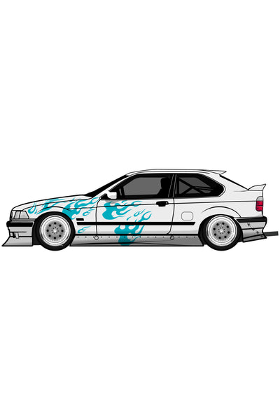Render digital del kit de vinilo Llamas Azules Racing aplicado. Ilustración de librea de flamas azules en un vehículo deportivo.