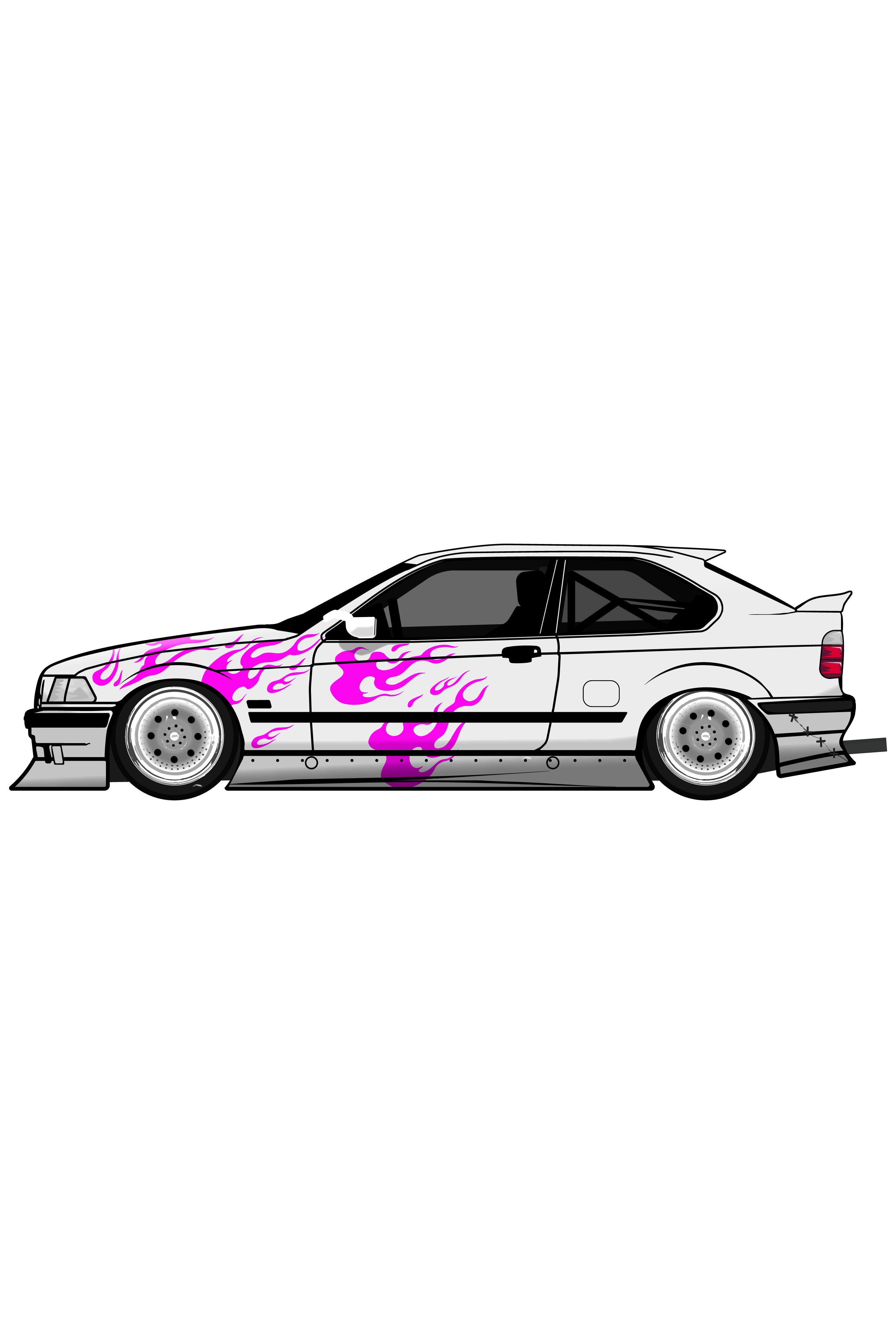 Render digital del kit de vinilo Llamas Rosa Neón aplicado. Ilustración estilizada de la librea de flamas rosas en un vehículo tuning.