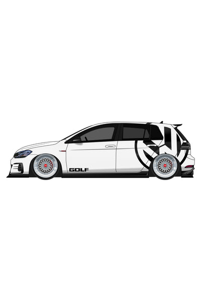 Render digital del vinilo de logotipo Golf aplicado en el frontal de un coche. Ilustración estilizada del emblema personalizado.