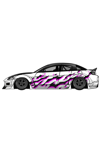 Ilustración de diseño de vinilo Pink Tribal aplicado en el lateral de un coche. Render digital de alta calidad para personalización de vehículos.