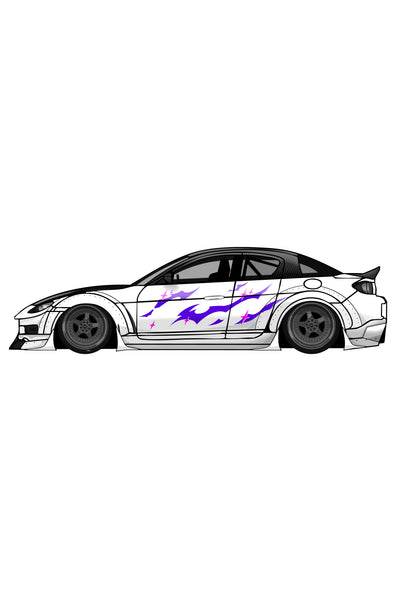 Render digital de diseño de vinilo Purple Tribal Stars aplicado en el lateral de un coche. Ilustración limpia que destaca el vinilo morado.