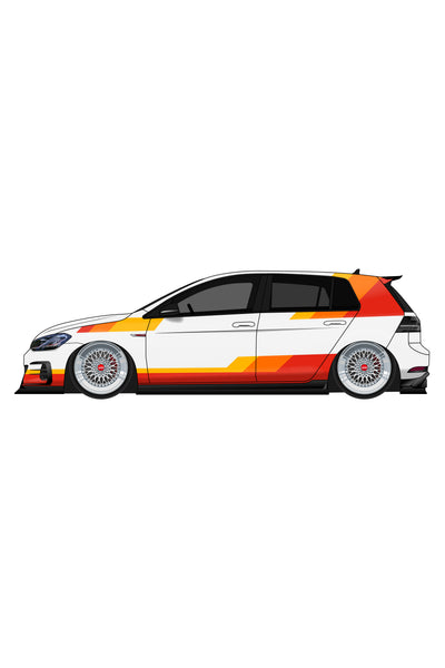 Render digital del kit de vinilo Racing GT aplicado en un coche. Ilustración estilizada de la librea de competición de alta velocidad.