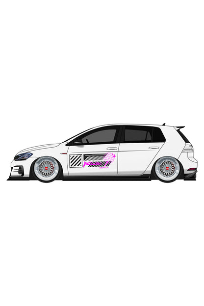Render digital del kit de vinilo Racing Style aplicado en un coche. Ilustración estilizada de la librea de competición universal.