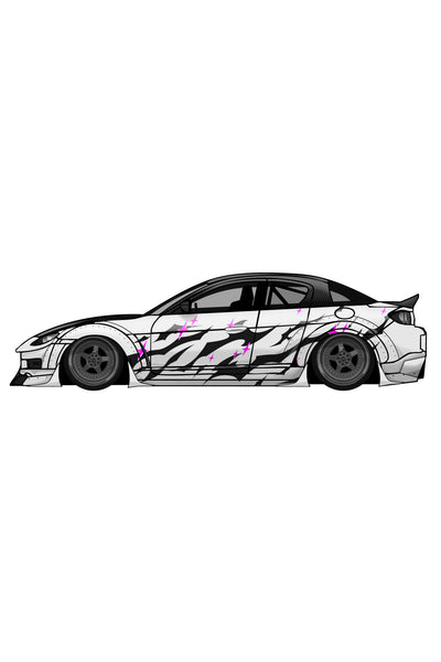 Ilustración de diseño de vinilo Star Tribal en negro y rosa magenta en el lateral de un coche. Render de personalización rápida y deportiva.