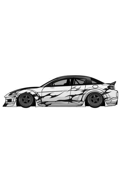 Ilustración de diseño de vinilo tribal negro en lateral de coche. Render de personalización para kit de decoración automotriz.
