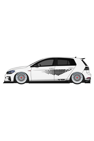 Render digital del kit de vinilo Volkswagen TCR aplicado en un coche de carreras. Ilustración estilizada con los colores y la gráfica de competición.