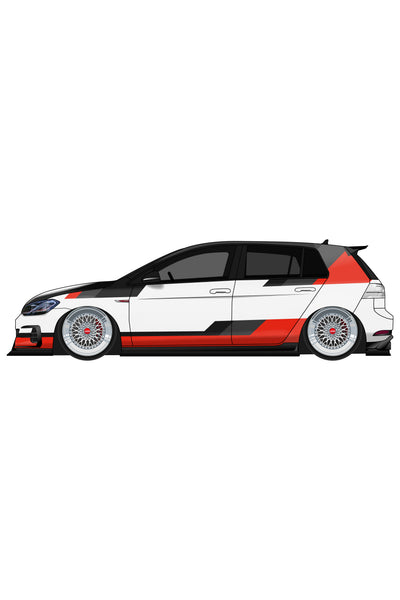 Render digital del kit de vinilo VW Racing Líneas aplicado en un coche. Ilustración estilizada de la librea de alta velocidad de Volkswagen.