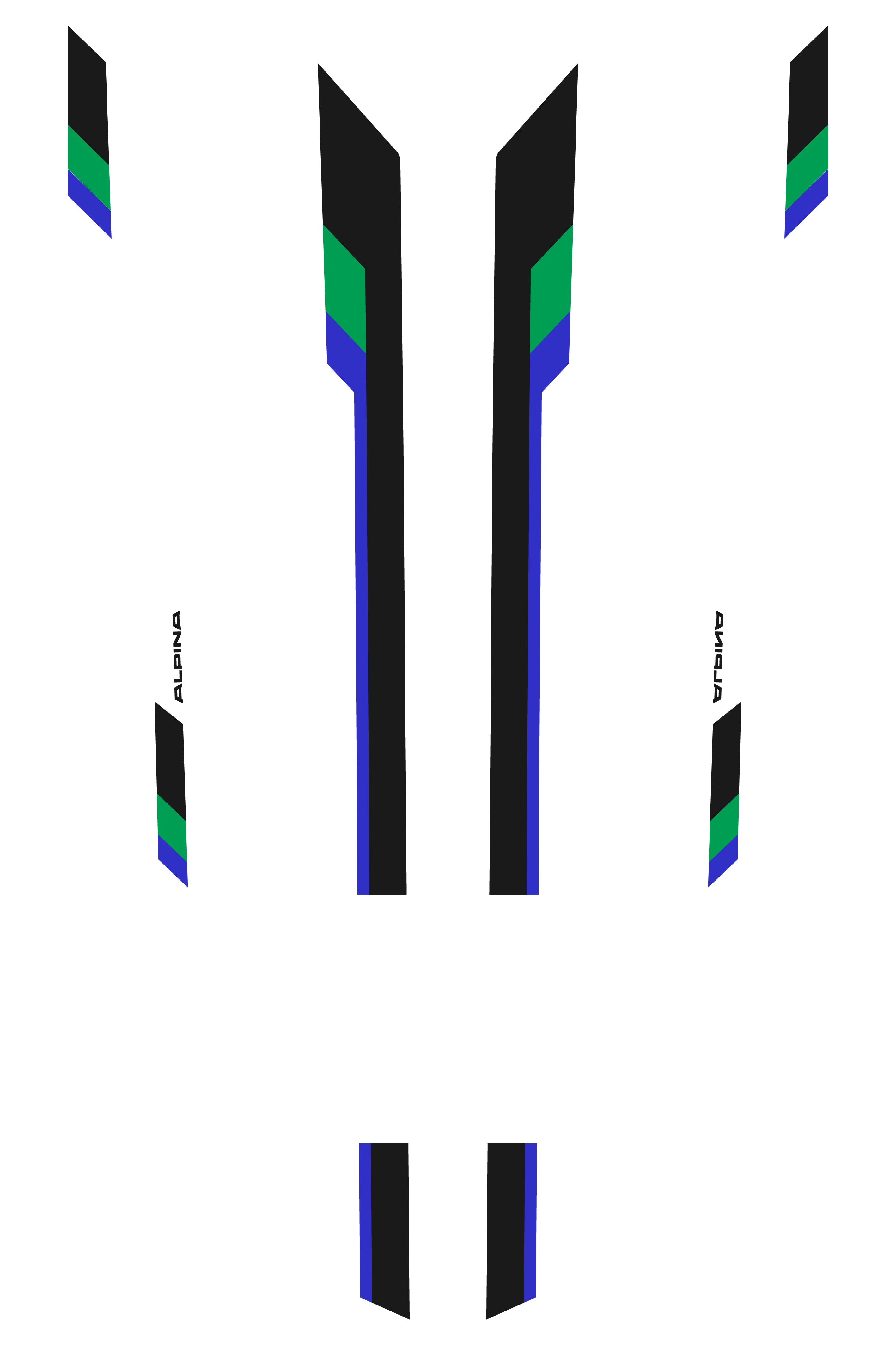 Detalle cercano del vinilo de franjas Alpina Motorsport (colores azul y verde). Vinilo adhesivo de alta resistencia a la intemperie, ideal para tuning DIY y personalización duradera.