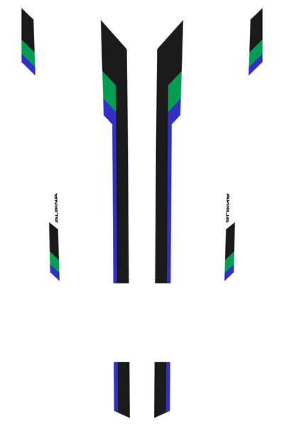 Detalle cercano del vinilo de franjas Alpina Motorsport (colores azul y verde). Vinilo adhesivo de alta resistencia a la intemperie, ideal para tuning DIY y personalización duradera.