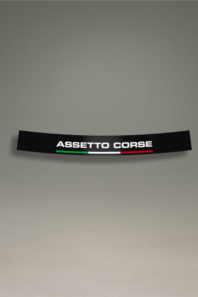 Parasol negro para parabrisas, logo Assetto Corsa blanco y bandera Italia, estilo racing para personalización y tuning de MOA-Grafics.