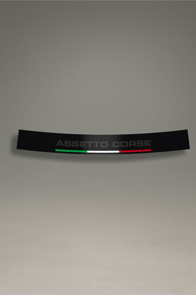 Parasol negro para parabrisas, logo Assetto Corsa gris y bandera Italia, estilo racing para personalización y tuning de MOA-Grafics.