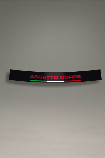 Parasol negro para parabrisas, logo Assetto Corsa rojo y bandera Italia, estilo racing para personalización y tuning de MOA-Grafics.