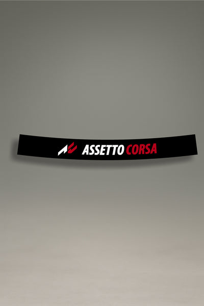 Parasol negro para parabrisas con logo Assetto Corsa blanco y rojo, estilo racing para tuning y personalización de MOA-Grafics.