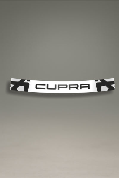 Parasol blanco para parabrisas con logos de Cupra en negro, una pieza de estilo racing para la personalización y tuning de MOA-Grafics.