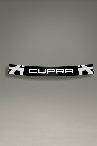 Parasol negro para parabrisas con logos de Cupra en blanco, un accesorio de estilo racing para personalización de coches de MOA-Grafics.v