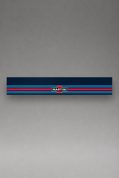 Parasol de vinilo Martini Racing · Emblema Circular Azul, la tira entera de 150 x 25 cm vista de frente, de MOA-Grafics.