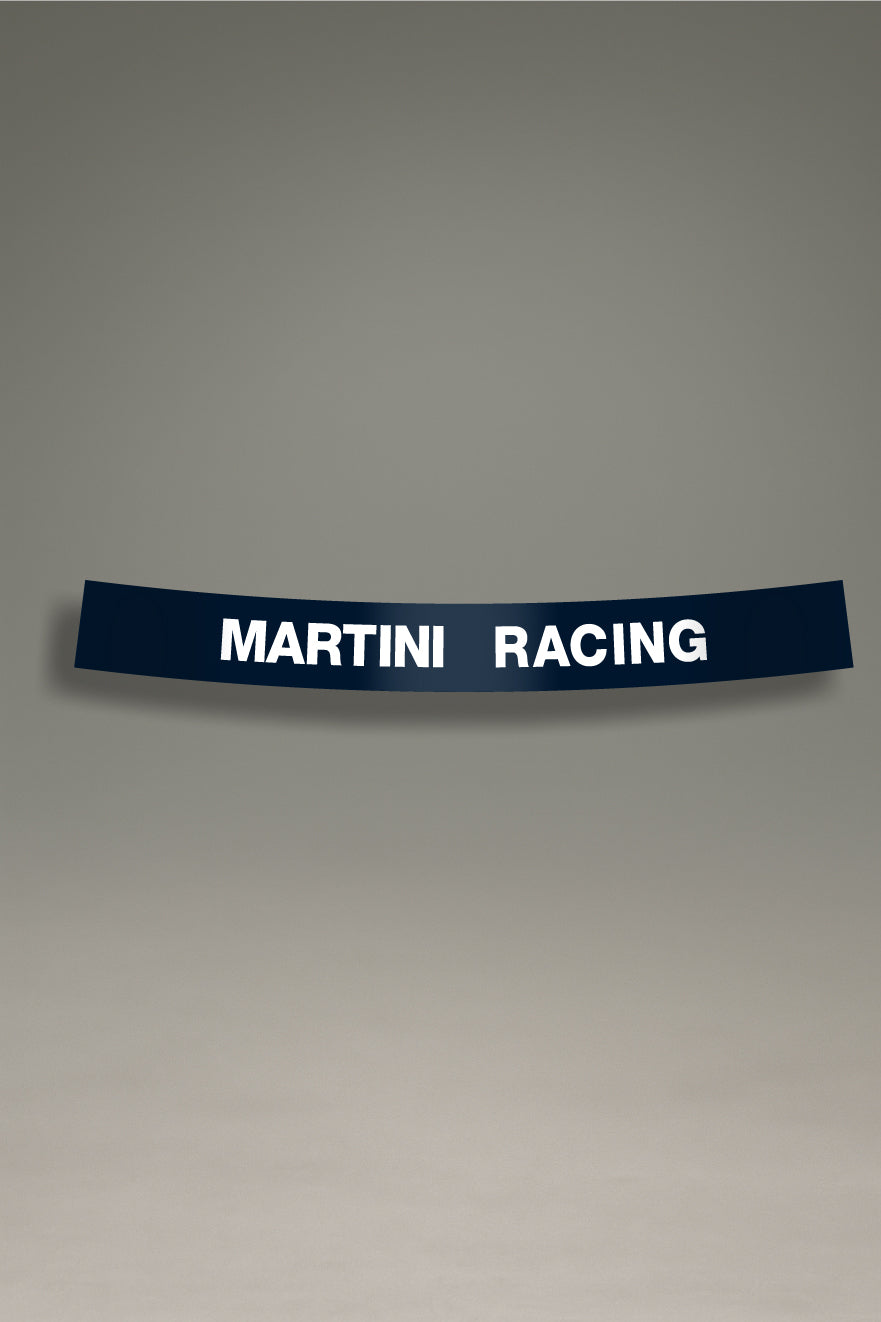 Vinilo parasol azul marino para parabrisas con el logo "Martini Racing" en blanco, estilo retro para tuning y personalización de MOA-Grafics.