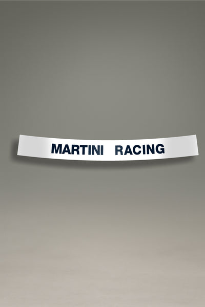 Vinilo parasol blanco para parabrisas con el logo "Martini Racing" en azul, estilo retro para tuning y personalización de MOA-Grafics.