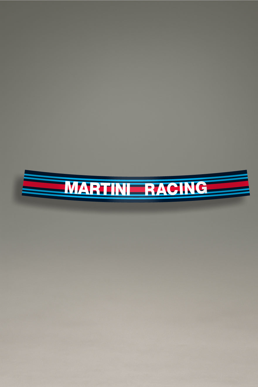 Vinilo parasol negro para parabrisas con diseño Martini Racing, estilo retro para personalización y tuning de MOA-Grafics.