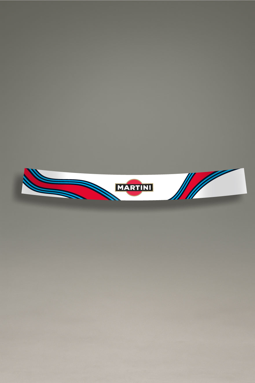  Vinilo parasol para parabrisas de coche con diseño Martini Racing de franjas azules y rojas, estilo retro para personalización y tuning de MOA-Grafics.