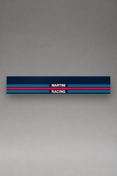 Parasol de vinilo Martini Racing con el logotipo completo y las franjas tricolor, la tira entera de 150 x 25 cm vista de frente, de MOA-Grafics.