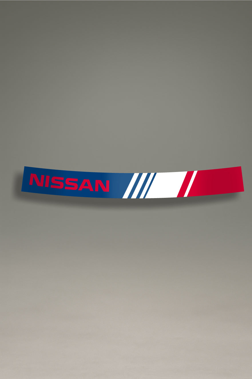 Parasol para parabrisas con diseño Nissan tricolor azul, blanco y rojo, estilo JDM para personalización y tuning de MOA-Grafics.