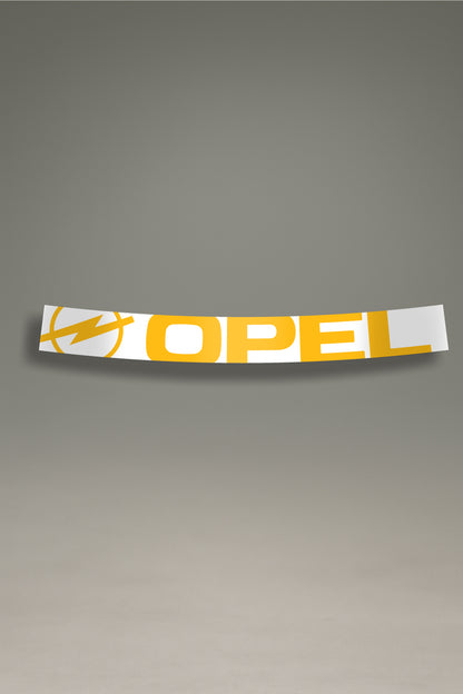 Parasol blanco para parabrisas con el logo de Opel en amarillo, un accesorio de estilo retro para personalización y tuning de MOA-Grafics.