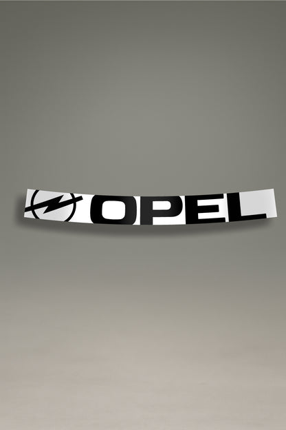 Vinilo parasol blanco para parabrisas con el logo de Opel en negro, un diseño de estilo retro para personalización de coches de MOA-Grafics.